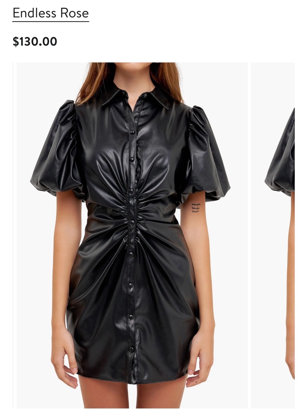 NWT Endless Rose Black Faux Leather Puff Sleeve Ruched Mini Dress - Size S
